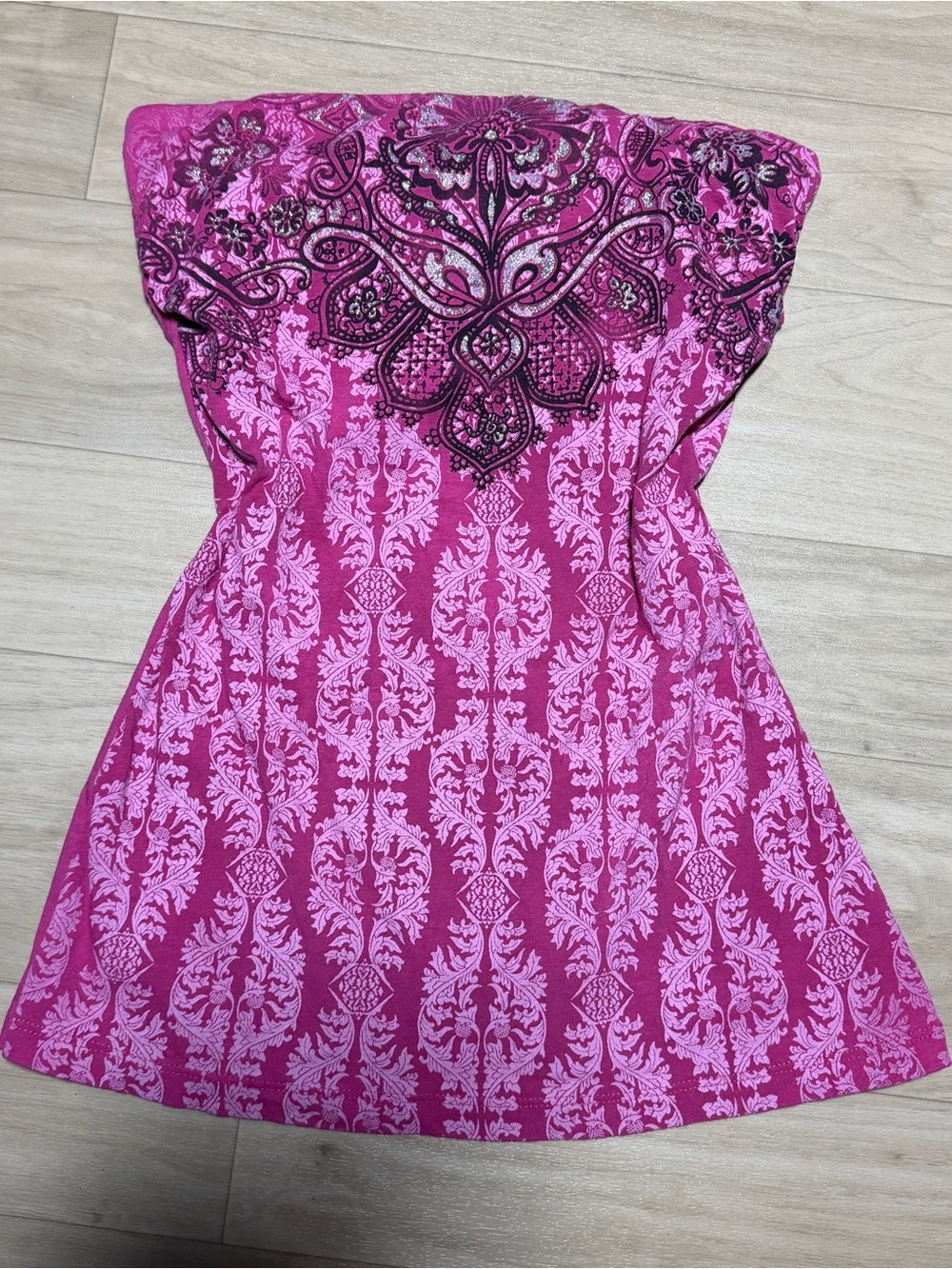 Vintage Y2K Fang Pink Damask Tube Top Size M Grunge Glam Built-In Bra